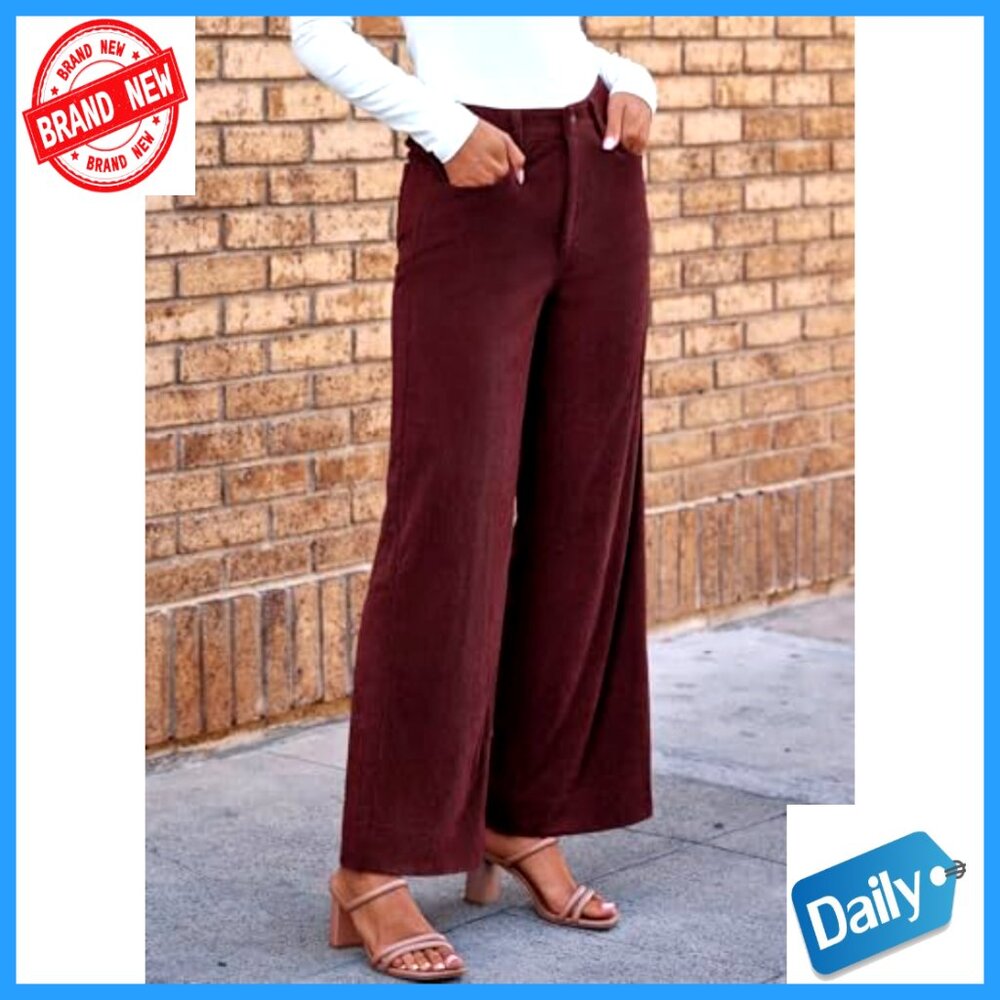 Women's Corduroy Wide Leg Pants High Waisted Elastic Waist Casual Trousers - Picture 5 of 7